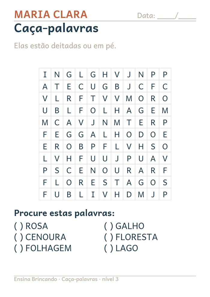 Atividade: Caça-palavras, gerada com o nome da criança