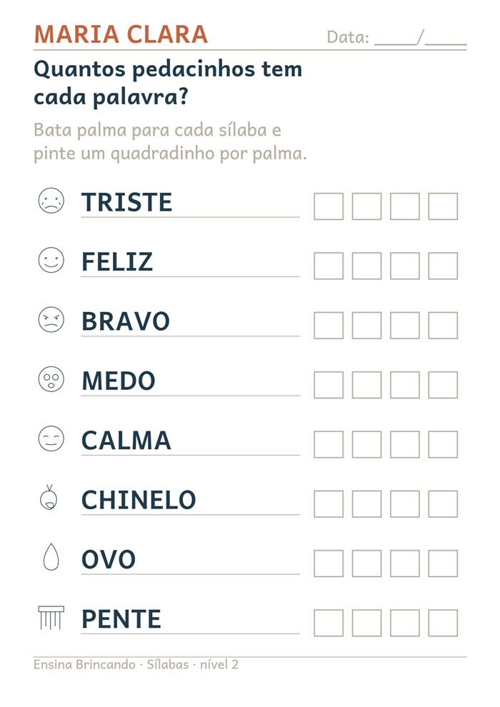 Atividade: Contar sílabas, gerada com o nome da criança